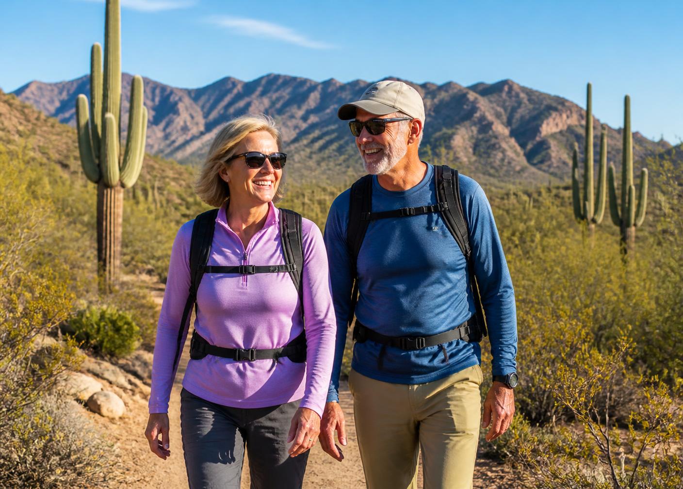 Retired couple on a morning walk near Sabino Canyon in Tucson