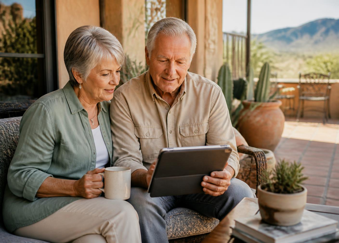 Tucson couple in their sixties comparing Medicare plan paperwork at a kitchen table