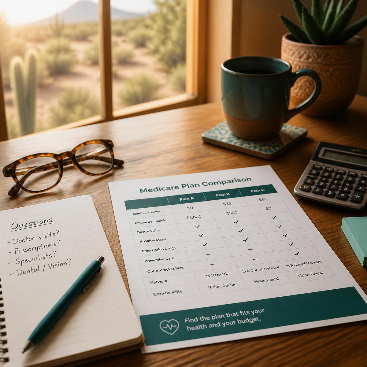 Medicare enrollment paperwork and deadline notes laid out on a desk in Tucson