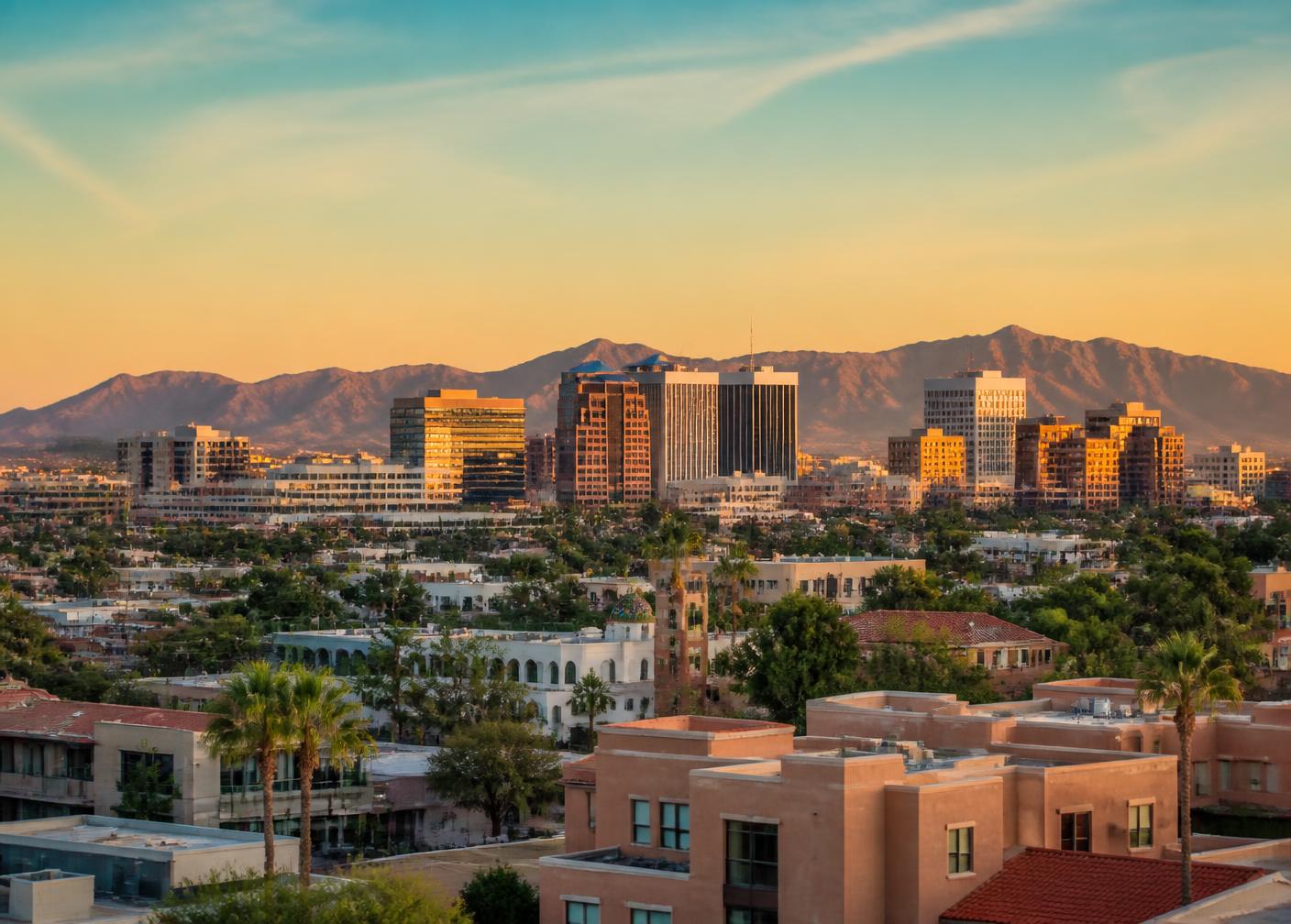 Downtown Tucson, Arizona near El Presidio at sunset
